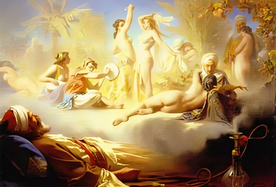 a painting of a man lying on a cloud with naked women